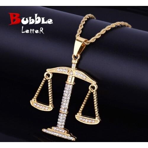Iced Gold Color Balance Libra Scale Pendant Bling Rhinestone Crystal Mens Hip hop Pendant Necklace Punk Jewelry Street Rock
