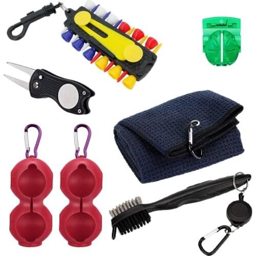 New-Golf Accessories 6 in 1 Kit-Towel,Ball Holder,Golf Club Brush,Divot Repair Tool,Ball Stencil,Tee Holder,Putting Markers