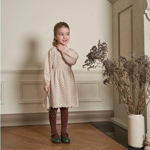 2020 New Style Autumn Spring Girls Dresses Girls Knitted Woolen Dress Childrens Hollow-Out Long-Sleeved Dress