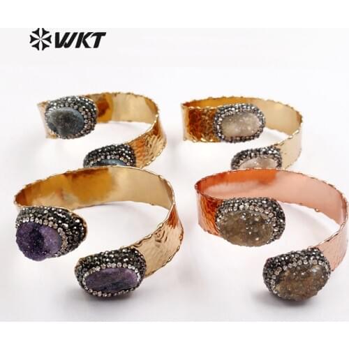 WT-RB033 WKT New Coming Cool Natural Druzy Quartz Bangle With Special Shape Pave Beads Best Metal Plated Bangle Jewelry