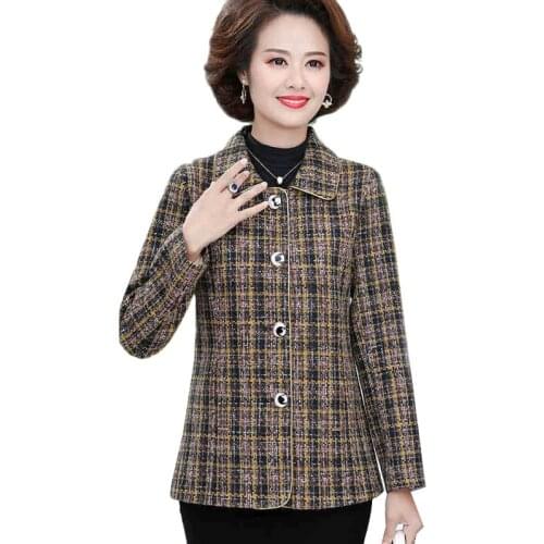 Autumn Women Woolen Coat New Plaid Single-Breasted Short Jacket Plus Size 5XL Middle-aged Female Basic Coat Casual Tops Clothes
