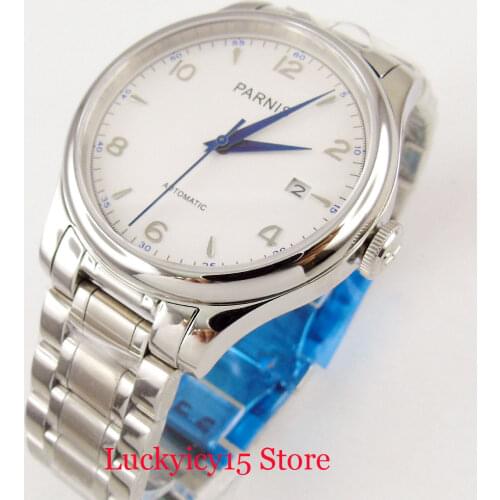 PARNIS Classic Polished Men Wristwatch 38mm Round Case Sapphire Glass Date Function Blue Hand Mental Bracelet