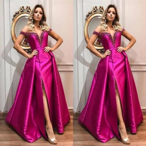 2021 Fuchsia Beading Prom Dresses A Line Off The Shoulder Formal Long Evening Gowns Crystal Beading Floor Length Sexy Party Gues