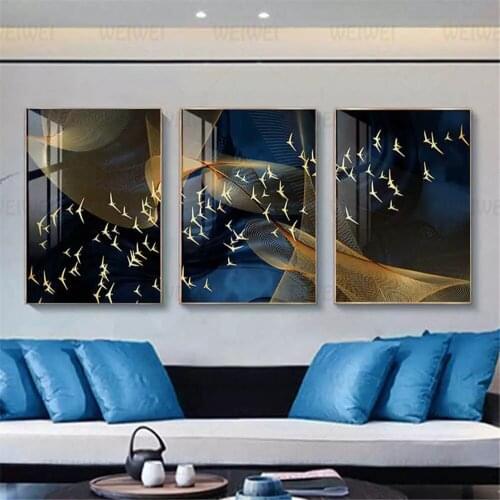Birds Group Gold Canvas Posters and Prints Abstract Wall Art Painting Modern Luxury Poster Wall Pictures for Living Room Decor