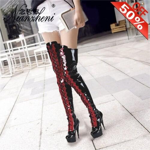 Sexy Fetish Patent leather Mixed colors Lace Up Over the knee Boots 15cm High heels 6inches Zipper Long Boots Nightclub Stripper