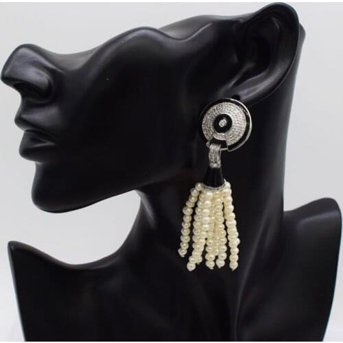 One pair freshwater pearl white near round 3-5mm zircon hook tassel pearls earrings FPPJ wholesale beads