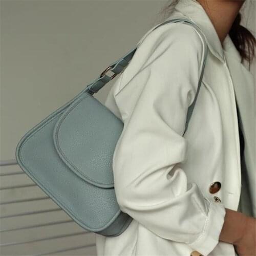 Women PU Baguette Bag High-capacity Ins Fashion Axillary Medieval Package Simple Girls Shopping Commuter Portable Blue White