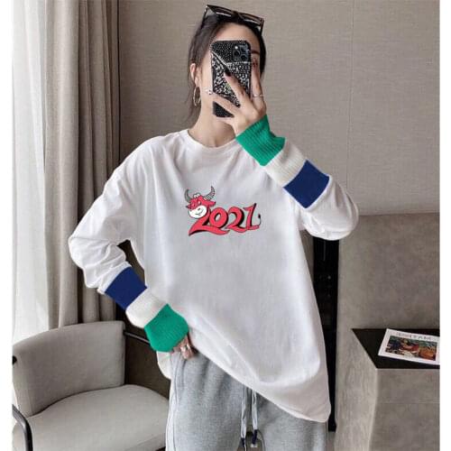 2021 Spring Women Long Sleeve T-Shirt Loose T-Shirts Fashion Joining together Clothing Large Size