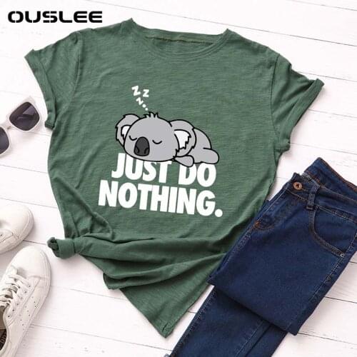 Ouslee Women 100% Cotton T shirt Short Sleeve Plus Size S-5XL Oversize Lazy Sleep Koala Print Casual T-shirt O Neck Lady Tee Top