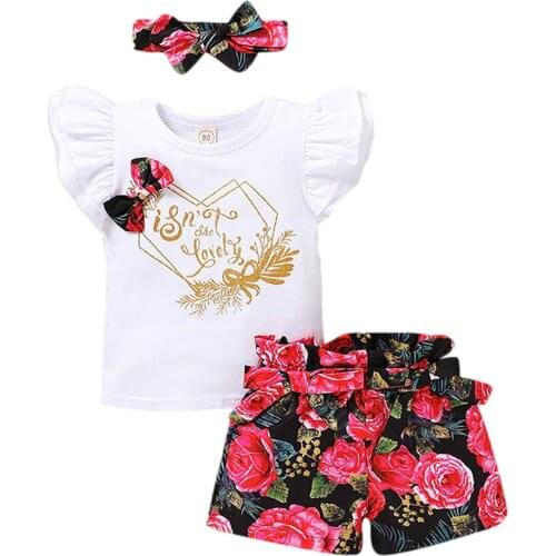 Three Piece Girl’s Clothes Fresh Letter Short Sleeve Tops and Flower Short Pants with Headband,headdress/daily wear/pants sets