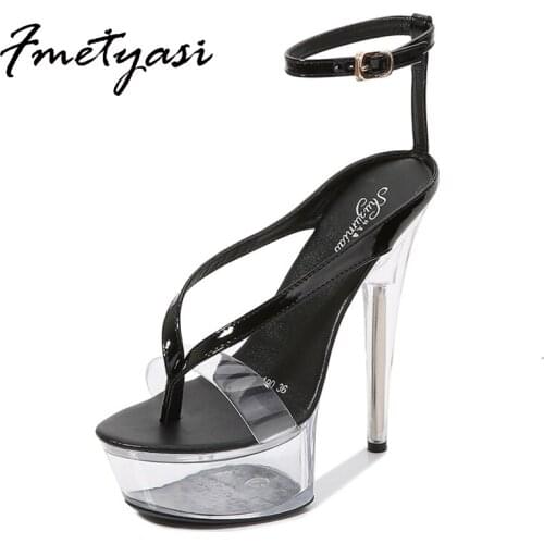 Women Sandals Clear Flip Flops Heels Platforms Buckle Strap 15cm High Heels Front Rear Strap Fish Toe Party Shoes Non Slip