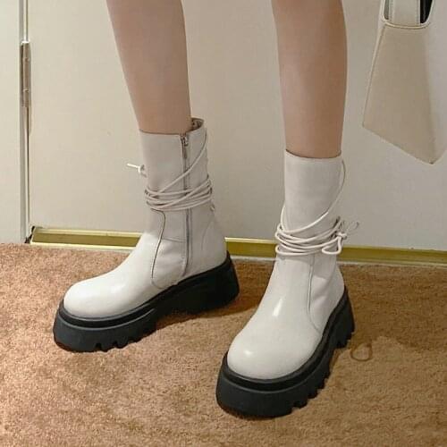 2021 Winter Ladies Mid Calf Boots Leather Fashion Zipper Round Toe Flat Heel Womens Shoes Spring Autumn Cross Tied Short Boots