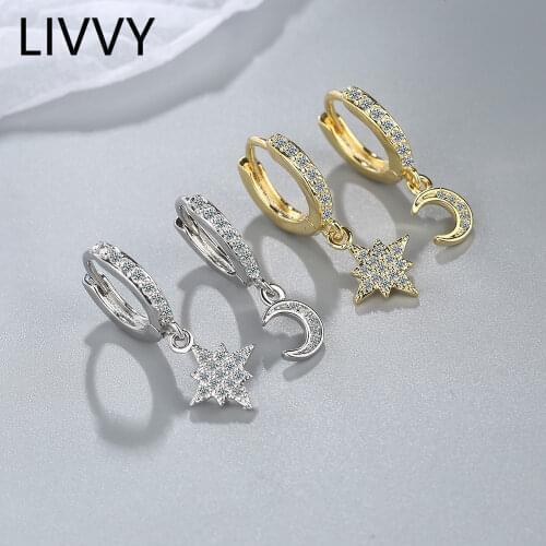 LIVVY Silver Color New Style Zircon Stars Moon Shape Asymmetric Earrings Female Fashion Temperament Elegant Jewelry