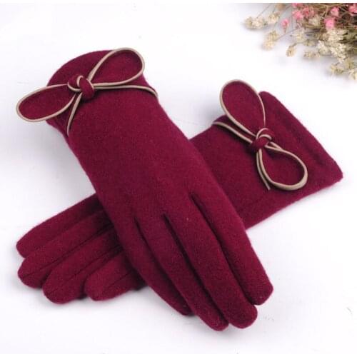 Women Winter Autumn Outdoor Keep Warm Touch Screen Thicken Plus Velvet Section Elegant Bowtie Decoration Windproof Gloves