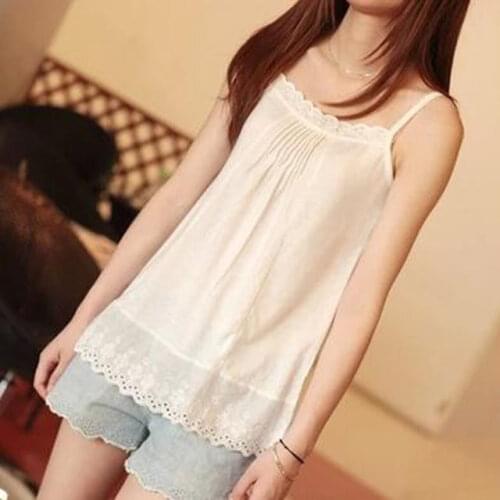 Mori female sweet little fresh pleated loose and thin hollow lace hem hook lace base camisole