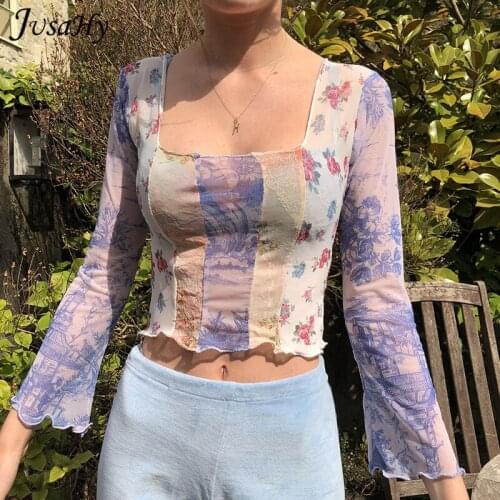 JuSaHy Y2K Fairy Print Mesh Long Sleeves Crop Top for Women Fashion Square Neck See Through Summer Trend T Shirt Slim Outfits