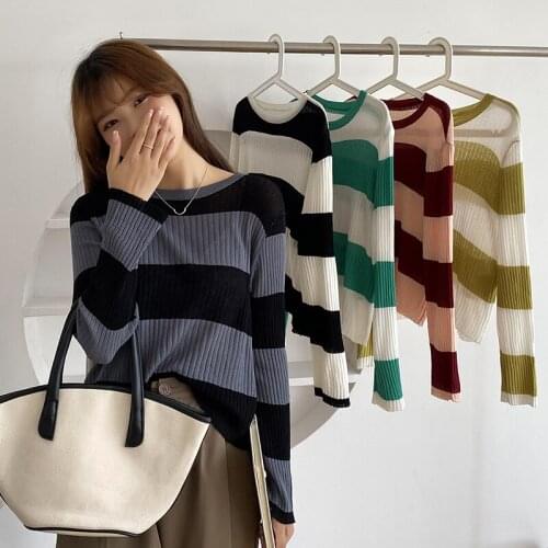 Striped Loose Thin Womens Sweater 2021 Knitted Pullover Women Long Sleeve Tricot Sweater Spring Autumn Korean Fashion Top Femme