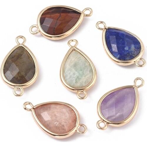 10pcs Natural Mix Gemstone Teardrop Links connectors for jewelry making DIY Findings Accessories 22x12x5mm,Hole: 1.6mm
