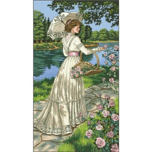 100% egypt COTTON beautiful nostalgic counted cross stitch kit Dim 03868 in her garden park lady woman girl flower