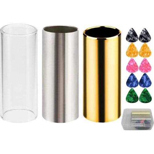 2 Colors Stainless Steel, 1 Pcs Glass, 10 Pcs Guitar Picks and 1 Pc Plastic Box