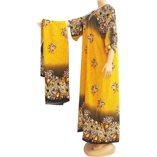 2020 Winter Cotton Loose Maxi Dress Fashion Casual Femme Robe Print Flare Sleeve Yellow African Dresses Women with Scarf 1023b