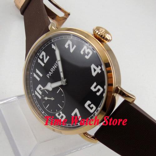 46mm parnis black dial Arabic numbers rose gold case rubber strap deployant clasp 6497 hand winding movement mens watch 127