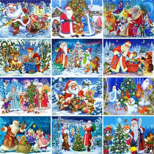 5D Diamond Painting Santa Claus Cartoon Diamond Embroidery Winter Snow Scene Rhinestone Mosaic Cross Stitch Christmas Tree Decor