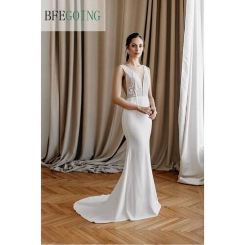 Ivory Satin Lace Beading V-Neck Sleeveless Bridal Gowns Floor -Length Mermaid/Trumpet Wedding Dresses Chapel Train Custom Made