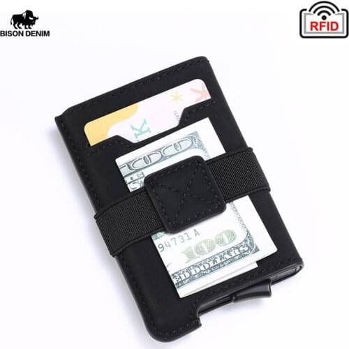 BISON DENIM Anti Rfid Credit Card Holder for men cardcase wallet Minimalist PU Leather Black Automatic Cardholder 11x7x1.3cm