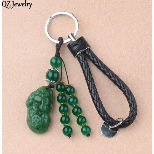 Natural Stone Chalcedony Pendants Keyring Charms Car Keychain Classic Chinese Fengshui Beast Bring Lucky Wealth Key Chain Ring