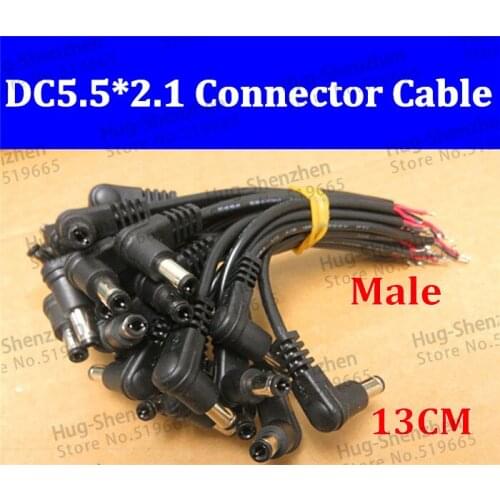 DC 5.5X2.1mm fork male L-shaped 90 Degree Right Angle Power Plug Connector With Cord / Cable 13cm 100 pcs