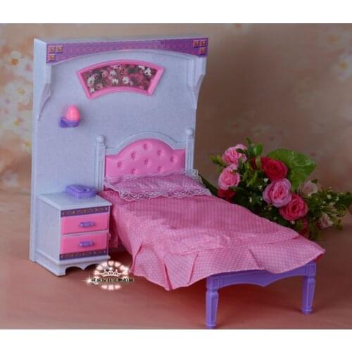 For Barbie Doll Furniture Accessories Plastic Toy Pink Dream Princess Bed Light Bedside Table Bedroom Play House Gift Girl DIY