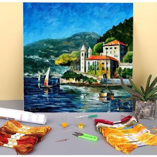 Italy, Lake Como Printed Fabric 11CT Cross-Stitch Set DIY Embroidery DMC Threads Handiwork Handicraft Sewing Mulina