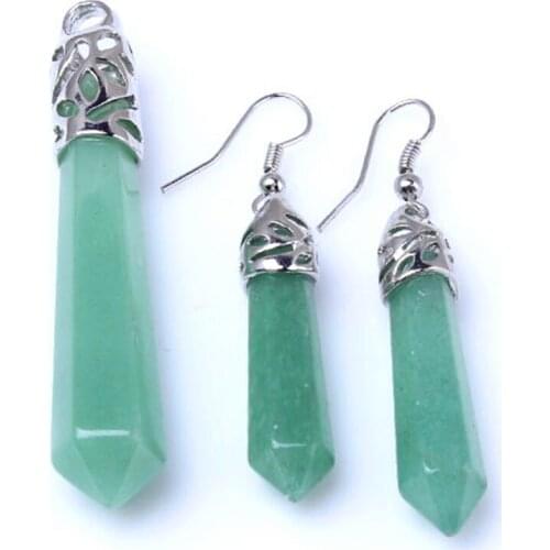 KFT Natural Green Aventurine Stone Hexagon Prism Pendulum Pendant Dangle Hook Earrings Jewelry Sets For Women Party Jewelry