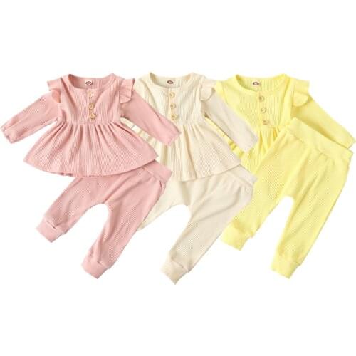 2 Piece Children Girls Solid Outfit Long Sleeve Princess Ruffle Top Long Pants Autumn Winter Newborn Infant Girl Children Sets