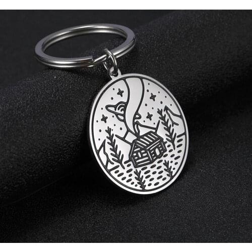 SKYRIM Lover Landscape Round Charm Key Chains Camper Mountain Scenery Stainless Steel Key Ring Holder Key-chain Pendant For Bag