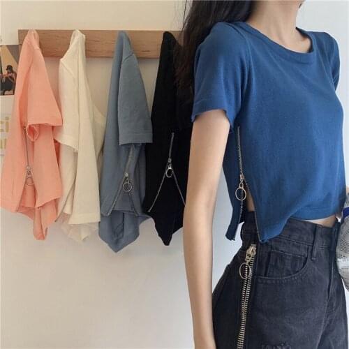 Summer Women Short Sleeve T-shirts Female Side Zipper Coloful Tops Girls Solid Simple Chic Tee Sexy Design All-match T Shirts