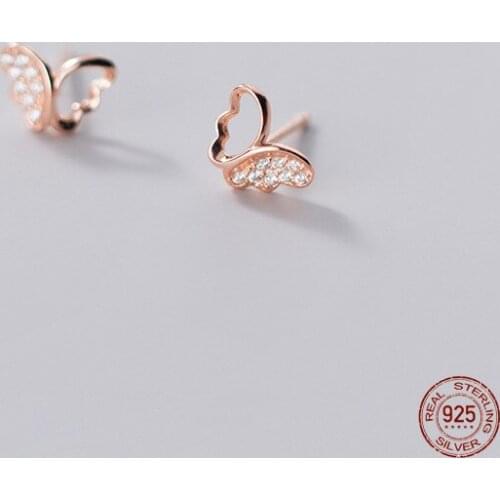 LKO 925 Sterling Silver Girl Birthday Gift Simple Zircon Butterfly Stud Earrings for Women Girly Style Jewelry Accessories