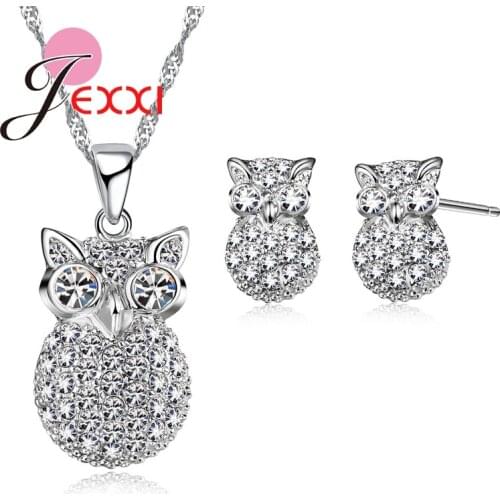 Fashion Girls Cubic Zircon Stud Earrings and Necklaces Austrian Crystal 925 Sterling Silver Owl Design Jewelry Sets