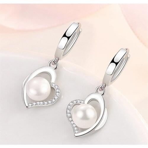 Trendy 925 Sterling Silver Earrings For Women Jewelry Cute Pearl Crystal Heart Drop Earring Lady Engagement Accessories Gift