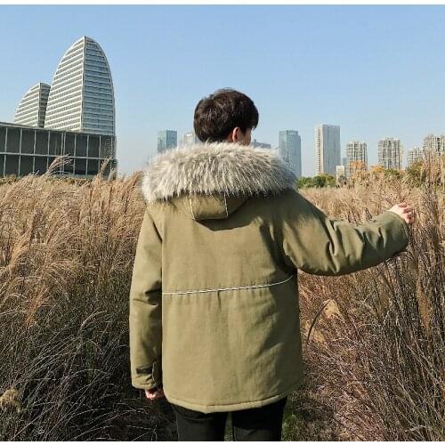 HCXY brand mens padded jacket new trendy handsome warm mens heavy fur collar cotton-padded jacket Korean loose coat