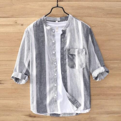 Mens Cotton Linen Shirts Striped Half Sleeve Casual Shirts Mandarin Collar Men Summer Slim fit Flax Dress Shirts Male TS-533