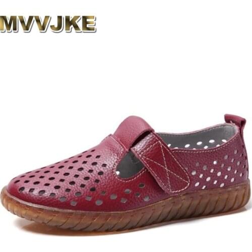 MVVJKE women shoes fashion 2020 solid hook & buckle comfortable real leather shoes women rubber hollow soft flat shoes women