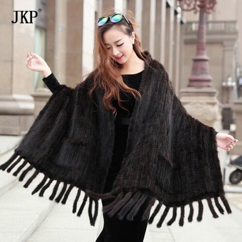 Genuine Real Knitted Mink Fur Scarves with Tassels Scarf Wraps Mink Fur Shawls