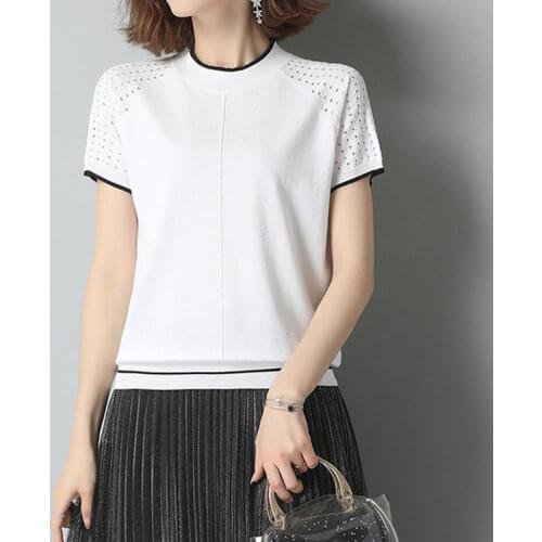 LJSXLS Solid Hollow Out Knitted Womens Sweater Summer Elegant Pullovers Tops Female Casual O-Neck Short Sleeve Women Clothing