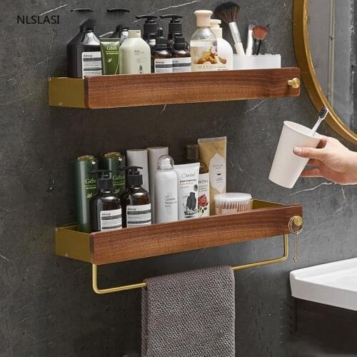 Simple Solid Wood Aluminum Punch-free Home Bathroom Accessories Storage Rack Organizer Shelves Bath Shower Holder Rack with Hook