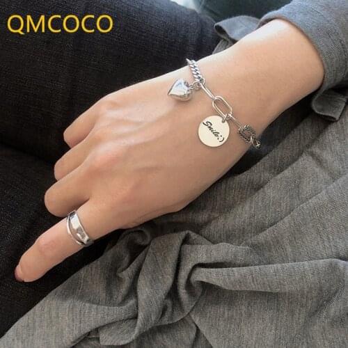 QMCOCO New Fashion 925 Silver Heart-Shape Bracelet For Women Vintage Creative Smile Letter Bracelet For Party Jewelry Gifts