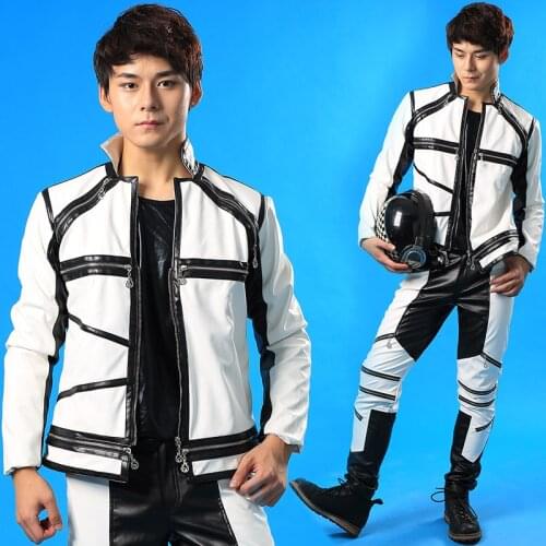 S-6XL!!!Star with a leather jacket and pants suit male singer dress male black and white patchwork color