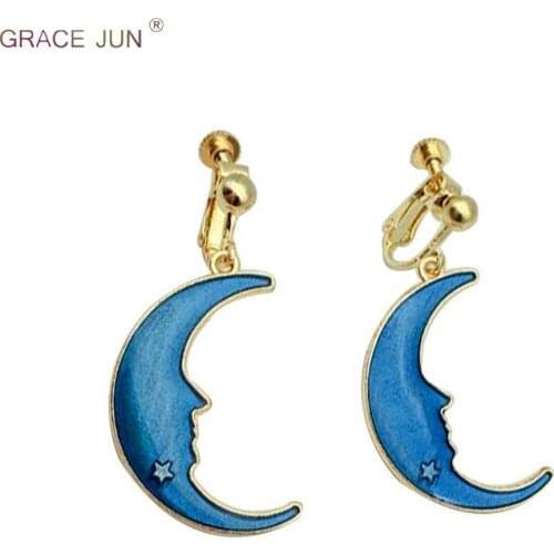 GRACE JUN Hot Sale Moon Planet Star Earth Sky Clip on Earrings No Pierced for Girl Princess Party Wedding Charm No Hole Earrings