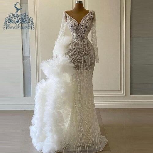 Sexy See Thru White Pearl Mermaid Prom Dresses With Tulle Train Luxury Beading Long Prom Gowns Dubai Formal Dress فستان المساء